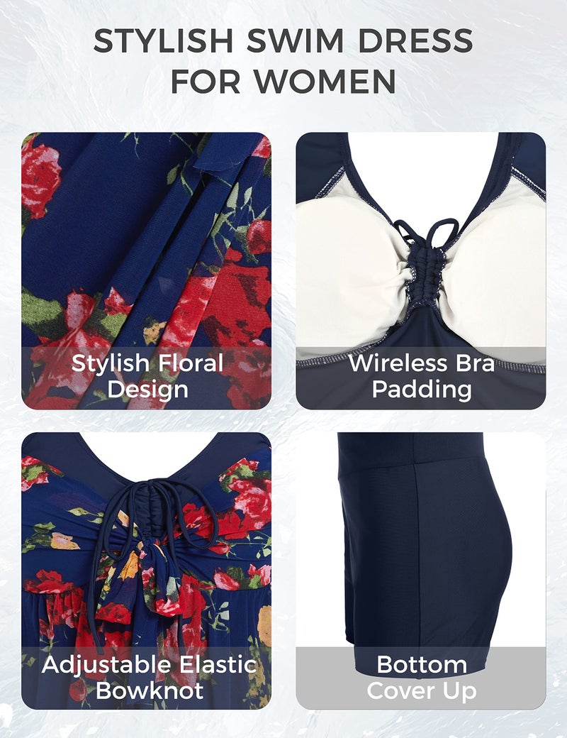 wantdo Women's Plus Size Swimdress Flower Printed Swimwear Cover Up Swimsuits Navy Red US 18-20 - Image 5